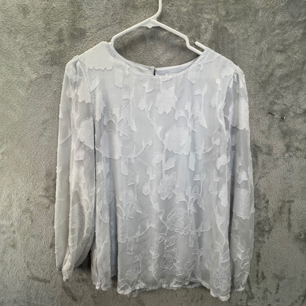 Qearal Light‎ Blue M Floral Burnout Long Sleeve Blouse Sheer Romantic Coquette